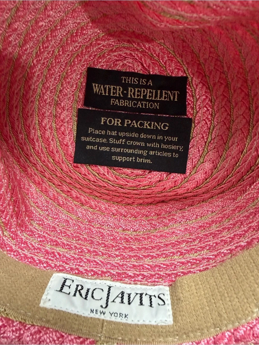 Eric Javits Pink Straw Wide-Brim Sun Hat with beige Trim - Picture 5 of 5